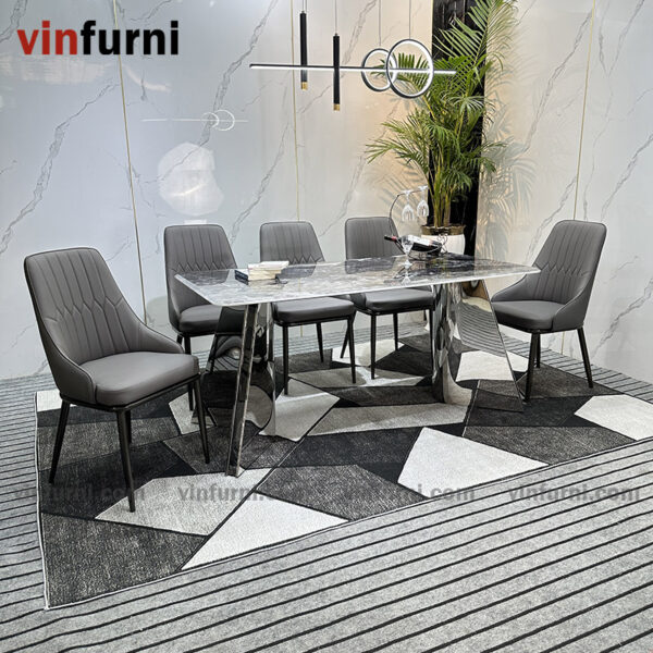 Bộ bàn ăn 2 chân V inox mặt đa nhập khẩu BA09