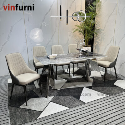 Bộ bàn ăn 2 chân V inox mặt đa nhập khẩu BA09