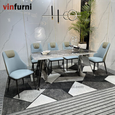 Bộ bàn ăn 2 chân V inox mặt đa nhập khẩu BA09