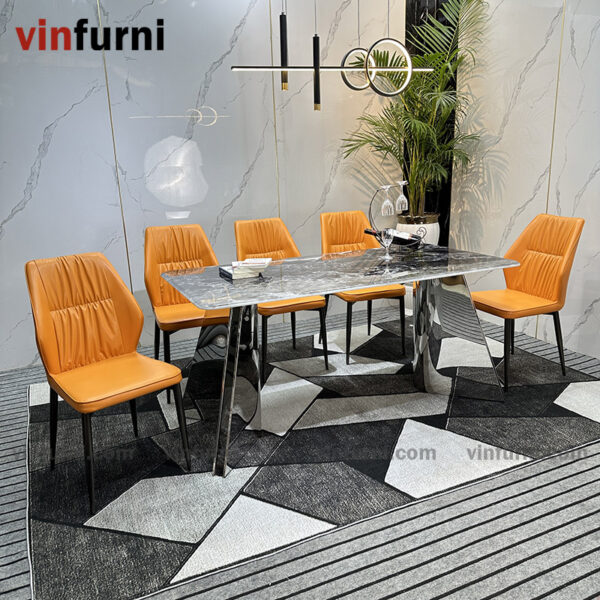 Bộ bàn ăn 2 chân V inox mặt đa nhập khẩu BA09
