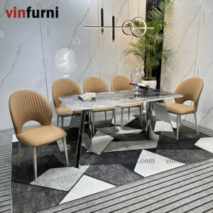 Bộ bàn ăn 2 chân V inox mặt đa nhập khẩu BA09