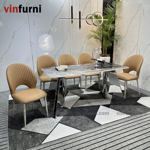 Bộ bàn ăn 2 chân V inox mặt đa nhập khẩu BA09