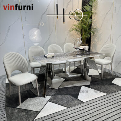 Bộ bàn ăn 2 chân V inox mặt đa nhập khẩu BA09