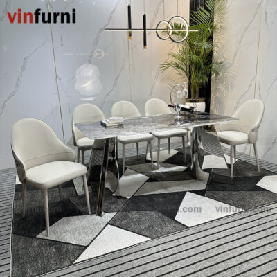 Bộ bàn ăn 2 chân V inox mặt đa nhập khẩu BA09