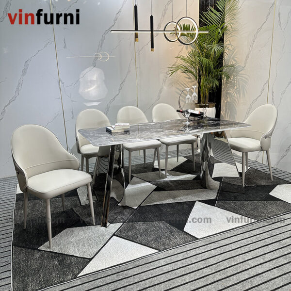 Bộ bàn ăn 2 chân V inox mặt đa nhập khẩu BA09