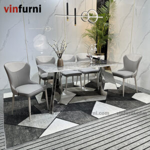 Bộ bàn ăn 2 chân V inox mặt đa nhập khẩu BA09