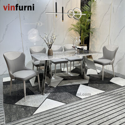 Bộ bàn ăn 2 chân V inox mặt đa nhập khẩu BA09