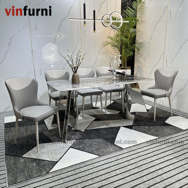 Bộ bàn ăn 2 chân V inox mặt đa nhập khẩu BA09