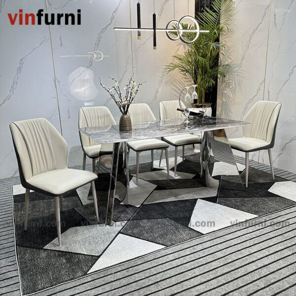 Bộ bàn ăn 2 chân V inox mặt đa nhập khẩu BA09