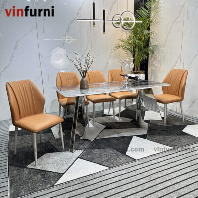 Bộ bàn ăn 2 chân V inox mặt đa nhập khẩu BA09