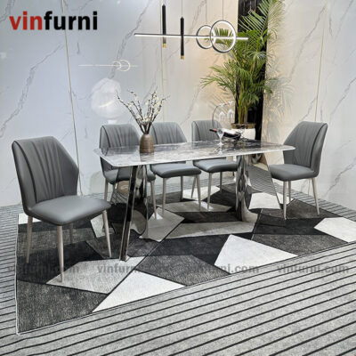 Bộ bàn ăn 2 chân V inox mặt đa nhập khẩu BA09