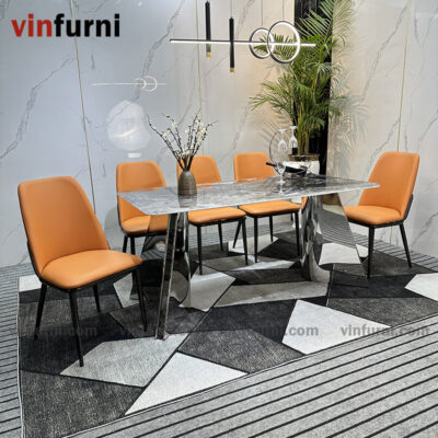 Bộ bàn ăn 2 chân V inox mặt đa nhập khẩu BA09