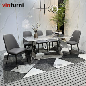 Bộ bàn ăn 2 chân V inox mặt đa nhập khẩu BA09