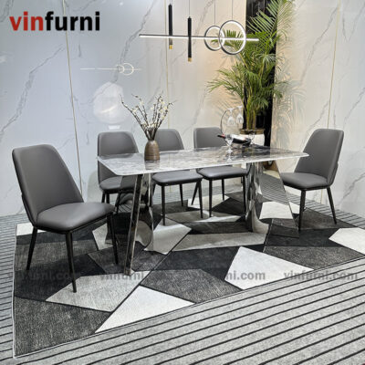 Bộ bàn ăn 2 chân V inox mặt đa nhập khẩu BA09