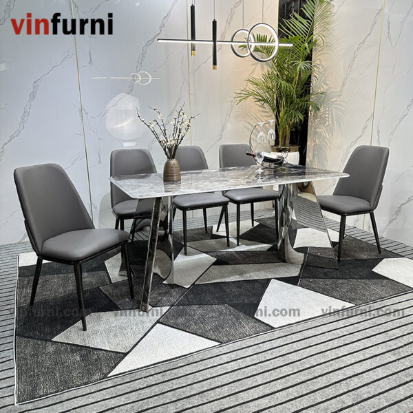 Bộ bàn ăn 2 chân V inox mặt đa nhập khẩu BA09