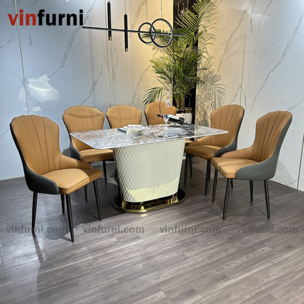Bộ bàn ăn chân bọc da may quả trám sang trọng BA15