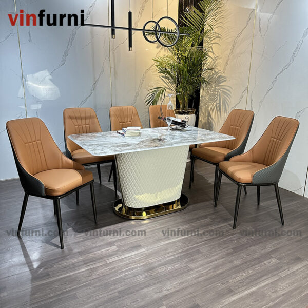Bộ bàn ăn chân bọc da may quả trám sang trọng BA15