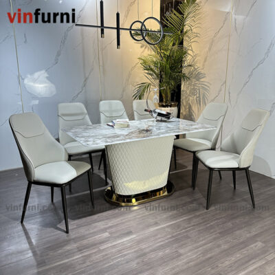 Bộ bàn ăn chân bọc da may quả trám sang trọng BA15
