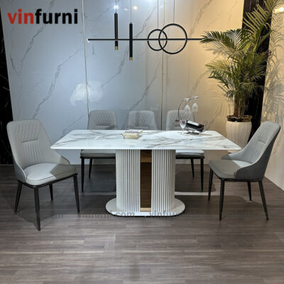 Bộ bàn ghế ăn nhập khẩu chân trắng viền inox BA04