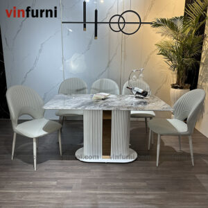 Bộ bàn ghế ăn nhập khẩu chân trắng viền inox BA04