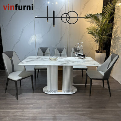 Bộ bàn ghế ăn nhập khẩu chân trắng viền inox BA04