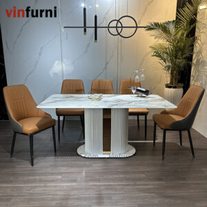 Bộ bàn ghế ăn nhập khẩu chân trắng viền inox BA04