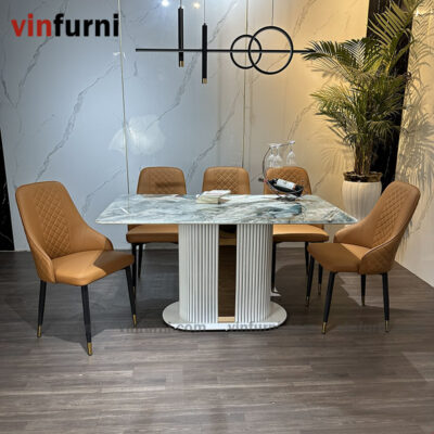 Bộ bàn ghế ăn nhập khẩu chân trắng viền inox BA04