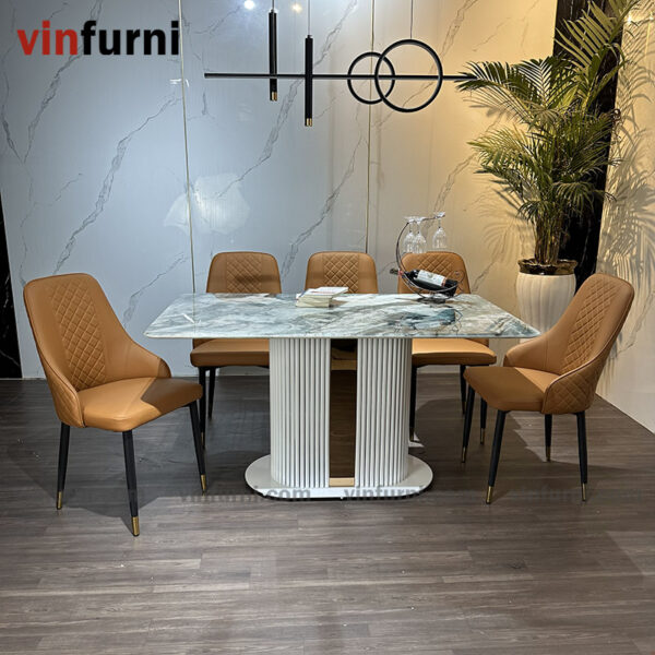 Bộ bàn ghế ăn nhập khẩu chân trắng viền inox BA04