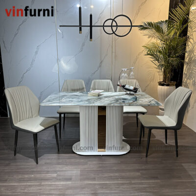 Bộ bàn ghế ăn nhập khẩu chân trắng viền inox BA04