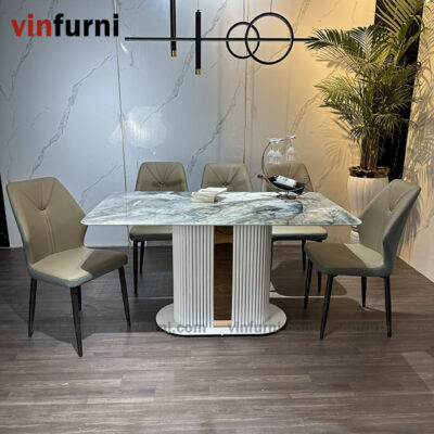 Bộ bàn ghế ăn nhập khẩu chân trắng viền inox BA04