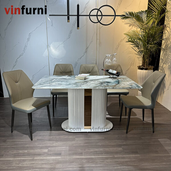 Bộ bàn ghế ăn nhập khẩu chân trắng viền inox BA04