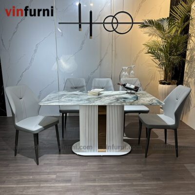 Bộ bàn ghế ăn nhập khẩu chân trắng viền inox BA04