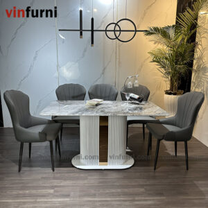 Bộ bàn ghế ăn nhập khẩu chân trắng viền inox BA04