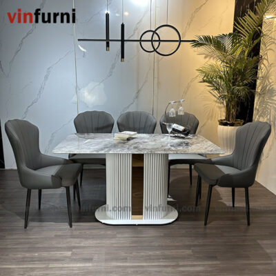 Bộ bàn ghế ăn nhập khẩu chân trắng viền inox BA04
