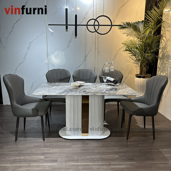 Bộ bàn ghế ăn nhập khẩu chân trắng viền inox BA04
