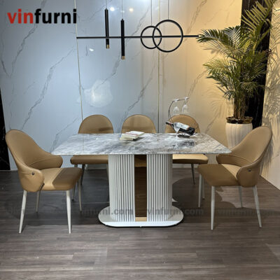 Bộ bàn ghế ăn nhập khẩu chân trắng viền inox BA04