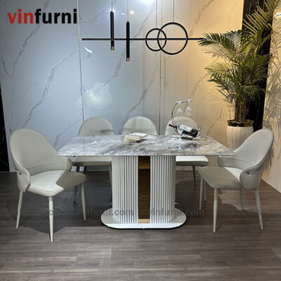 Bộ bàn ghế ăn nhập khẩu chân trắng viền inox BA04