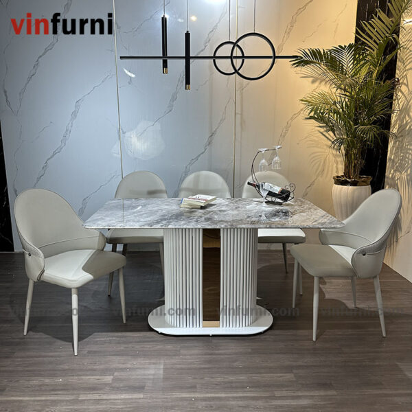 Bộ bàn ghế ăn nhập khẩu chân trắng viền inox BA04