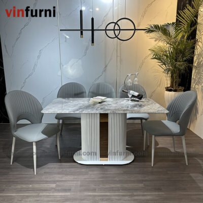 Bộ bàn ghế ăn nhập khẩu chân trắng viền inox BA04
