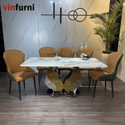 Bộ bàn ghế ăn mặt đá chân cánh bướm mềm mại BA06
