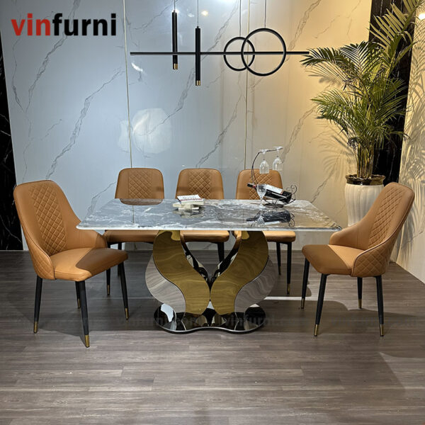 Bộ bàn ghế ăn mặt đá chân cánh bướm mềm mại BA06