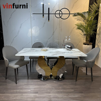 Bộ bàn ghế ăn mặt đá chân cánh bướm mềm mại BA06