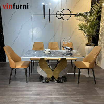 Bộ bàn ghế ăn mặt đá chân cánh bướm mềm mại BA06