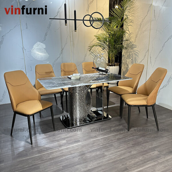 bộ bàn ăn nhập khẩu mặt đá chân inox khắc nhám BA16