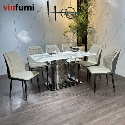 bộ bàn ăn nhập khẩu mặt đá chân inox khắc nhám BA16