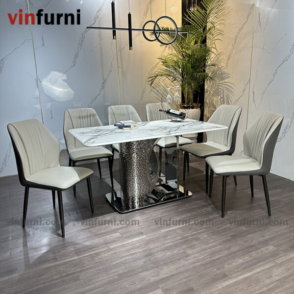 bộ bàn ăn nhập khẩu mặt đá chân inox khắc nhám BA16