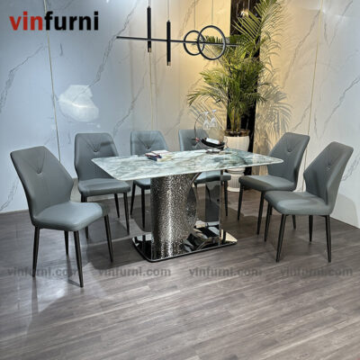 bộ bàn ăn nhập khẩu mặt đá chân inox khắc nhám BA16