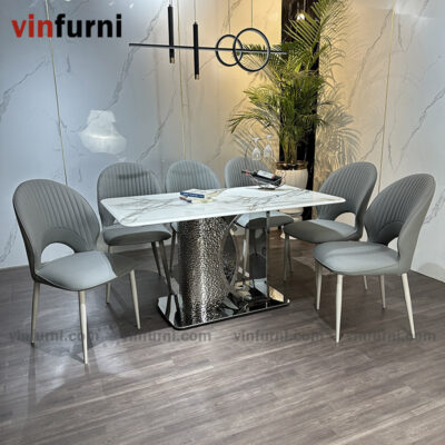 bộ bàn ăn nhập khẩu mặt đá chân inox khắc nhám BA16