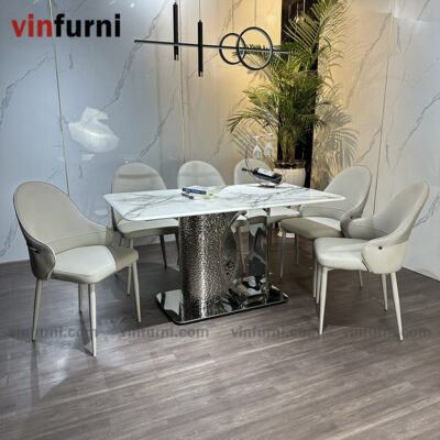 bộ bàn ăn nhập khẩu mặt đá chân inox khắc nhám BA16