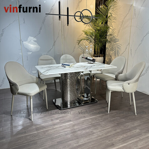 bộ bàn ăn nhập khẩu mặt đá chân inox khắc nhám BA16